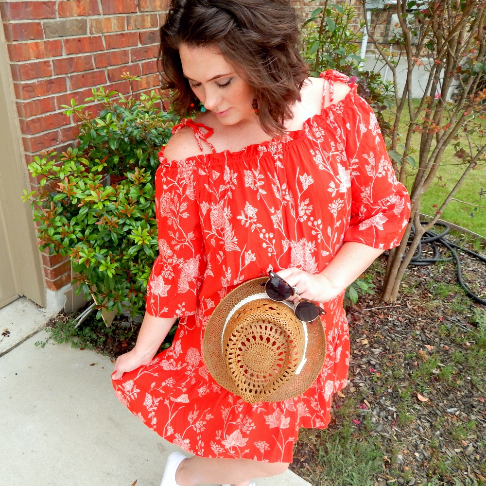 H&M Red Floral Off Shoulder Dress Sunglasses Picnic BBQ Link up Red Summer Dress